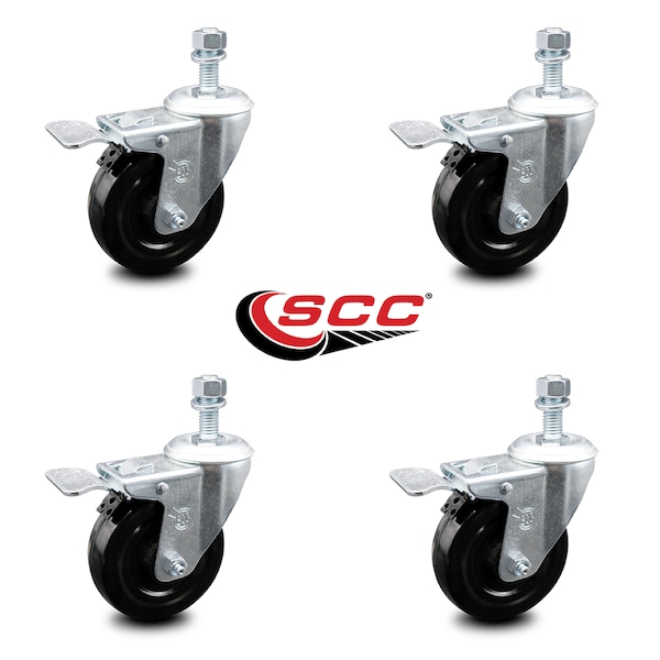 4 Inch Hard Rubber Swivel 12mm Threaded Stem Caster Set Total Lock Brake SCC